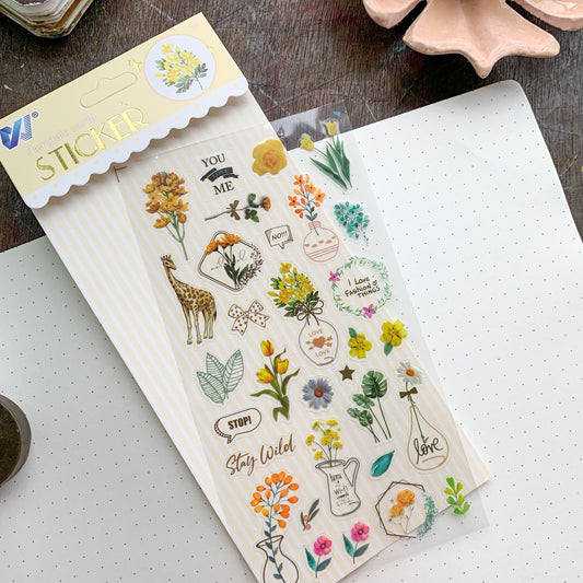 Wxfs 6 Journal Transparent Yellow Flower Foil Stickers - Pet Sticker - 1 sheet | Pre-cut | Kiss-cut