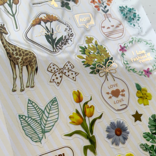 Wxfs 6 Journal Transparent Yellow Flower Foil Stickers - Pet Sticker - 1 sheet | Pre-cut | Kiss-cut