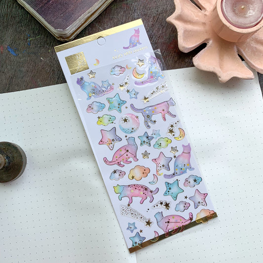 085039 E 3D Journal Transparent Celestial Cat Sparkling Puffy Stickers - Fluffy Sticker - 1 sheet | Pre-cut