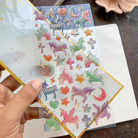 085039 I 3D Journal Transparent Cross Unicorn Sparkling Puffy Stickers - Fluffy Sticker - 1 sheet | Pre-cut