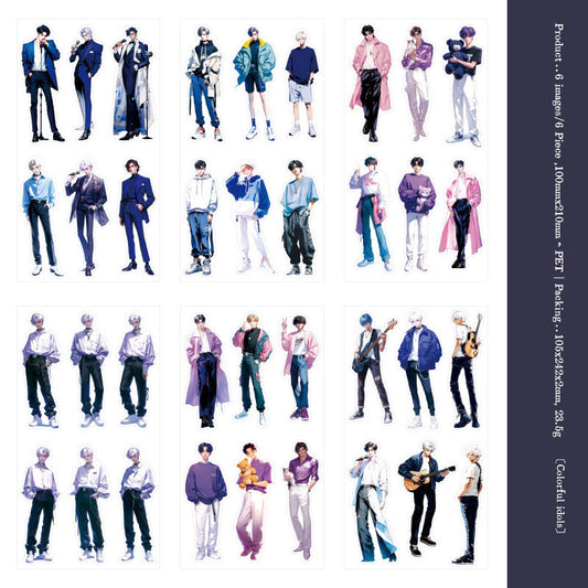 MG024-0950-Yan Ji PET stickers men's illustration series handsome guy theme handbook decoration collage material 6 pieces 4 types