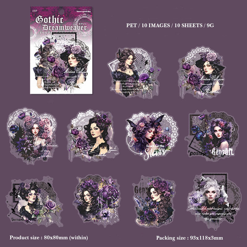 MHD-GTZM001-Good day PET stickers Gothic dream weaver series lace character collage handbook material 10 pieces 6 types