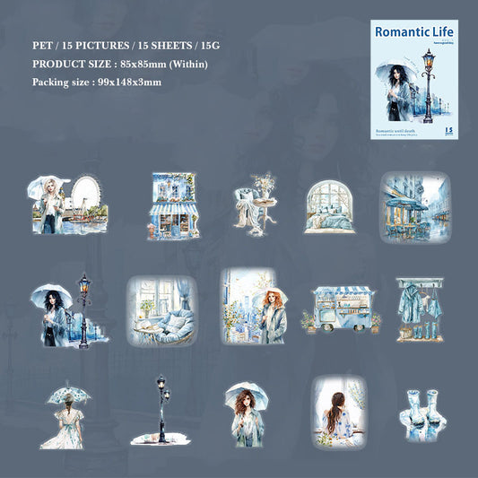 MHD-LMCJ004-Nice day PET sticker pack romantic life series city scene character notebook material 15 sheets 6 types