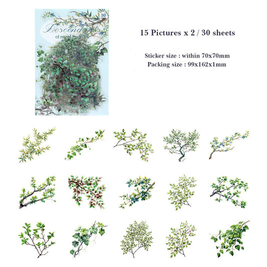 MZW23-TZ278-Dream Dance Sticker Pack Jade Leaves Series Plants and Flowers Handbook DIY Material Decoration Stickers 30 Sheets 6 Types