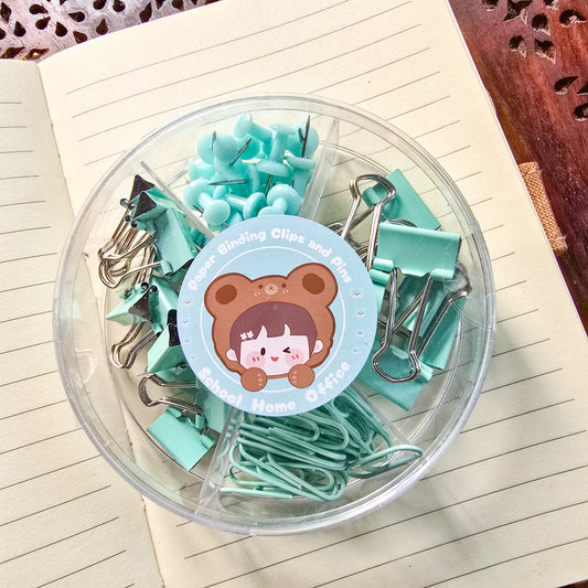 Stationery Set| Paper Binding Clips and Pins (Sea Green)| Binder Clip| Board Pin| Gems Clip