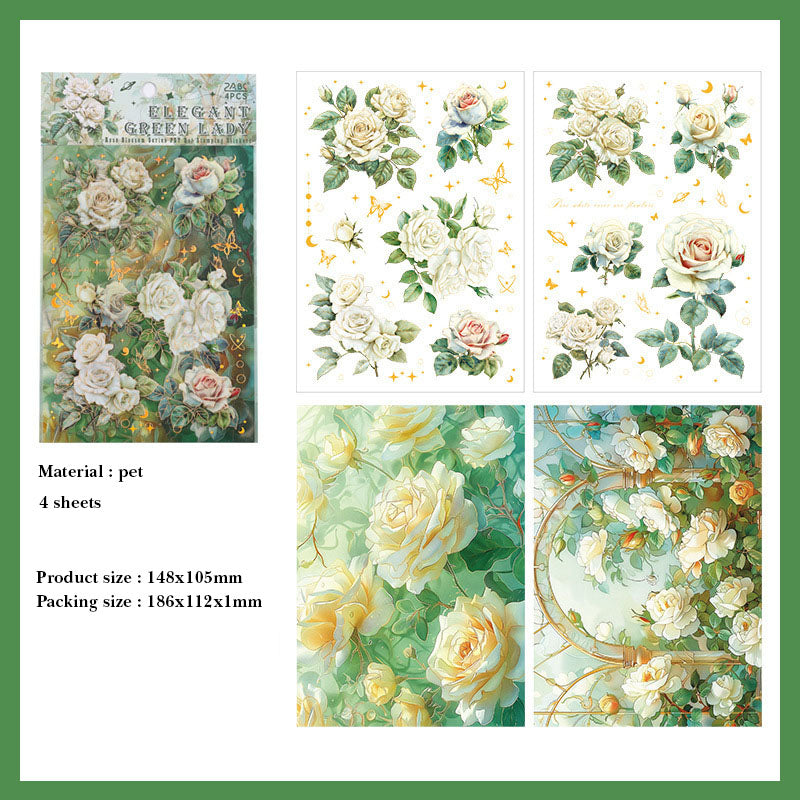 QWHK602 - stickers rose blossom series special oil hot stamping film cutting handbook waterproof pet stickers|Green