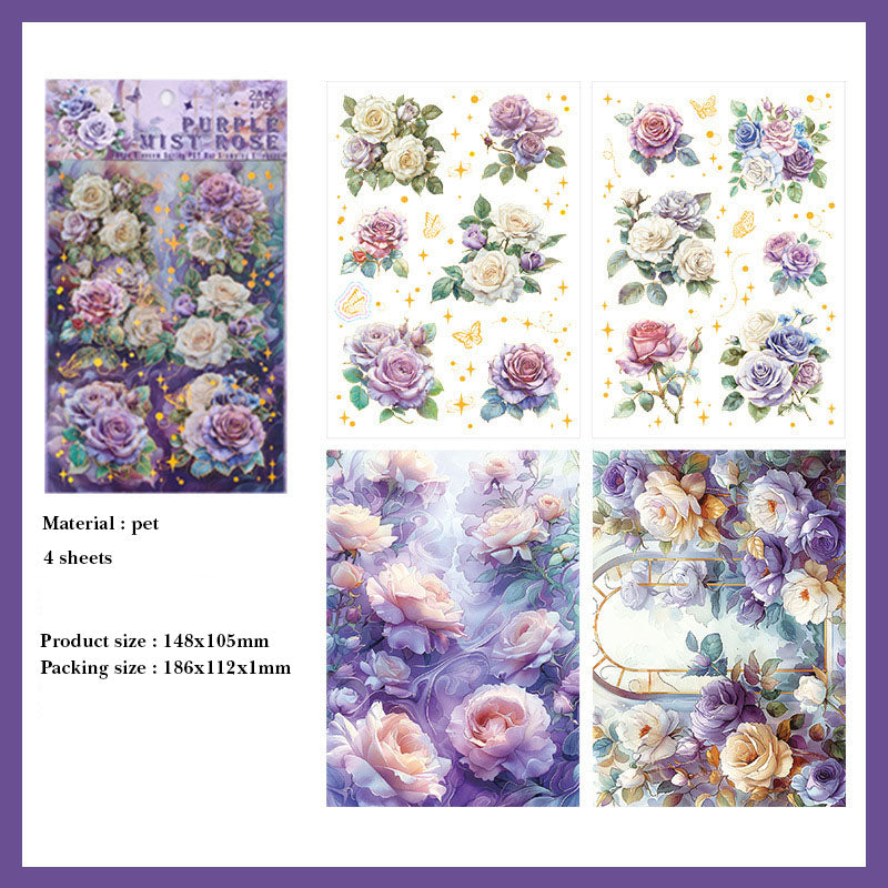 QWHK604 - stickers rose blossom series special oil hot stamping film cutting handbook waterproof pet stickers|Purple