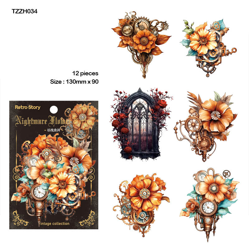 Tzzh034 Nightmare Retro Flower Sticker 12Pc