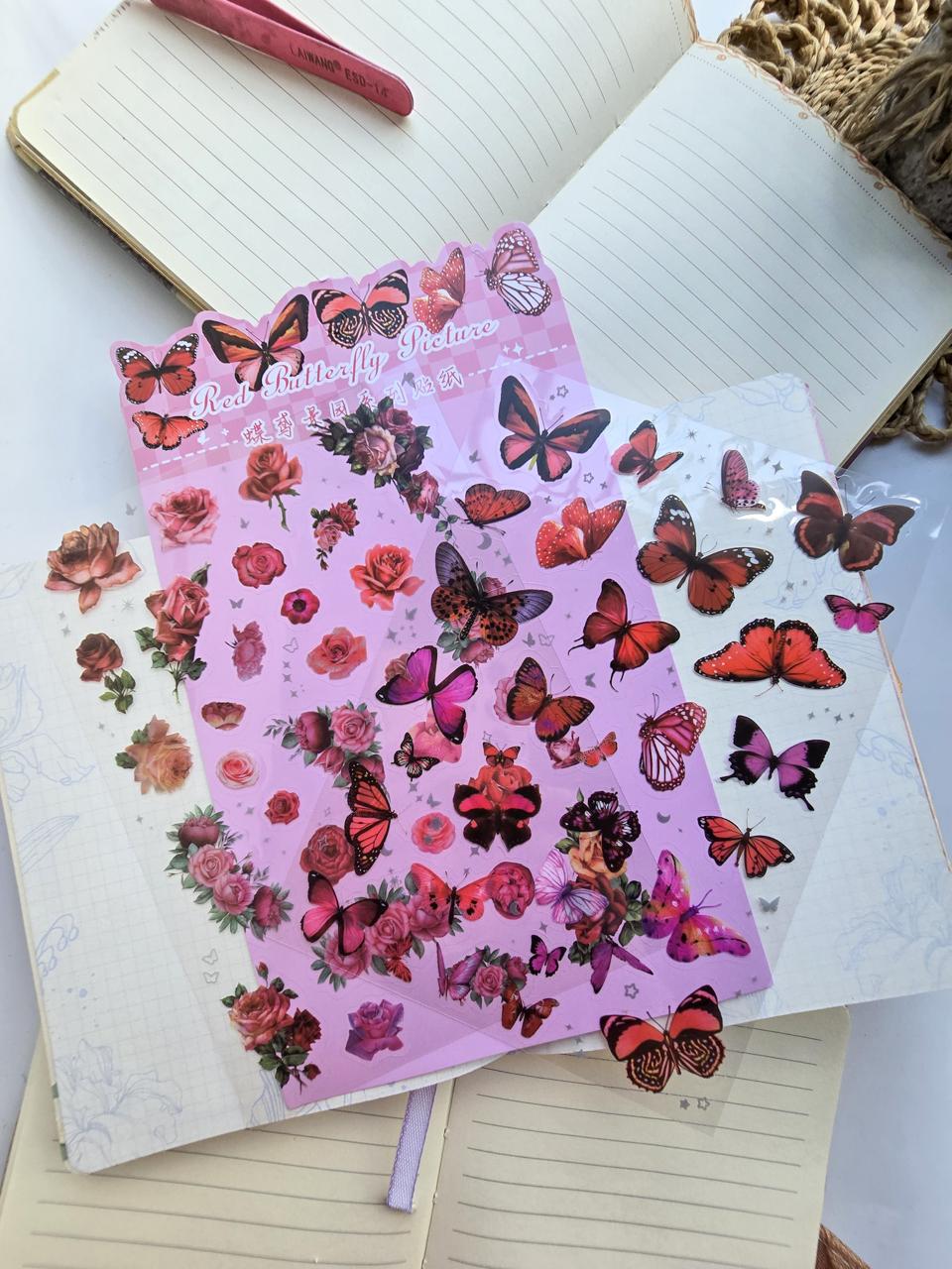 DYJY-403 Butterfly Floral PET Sticker Sheets | Red Butterfly Collection  | 2 Sheets