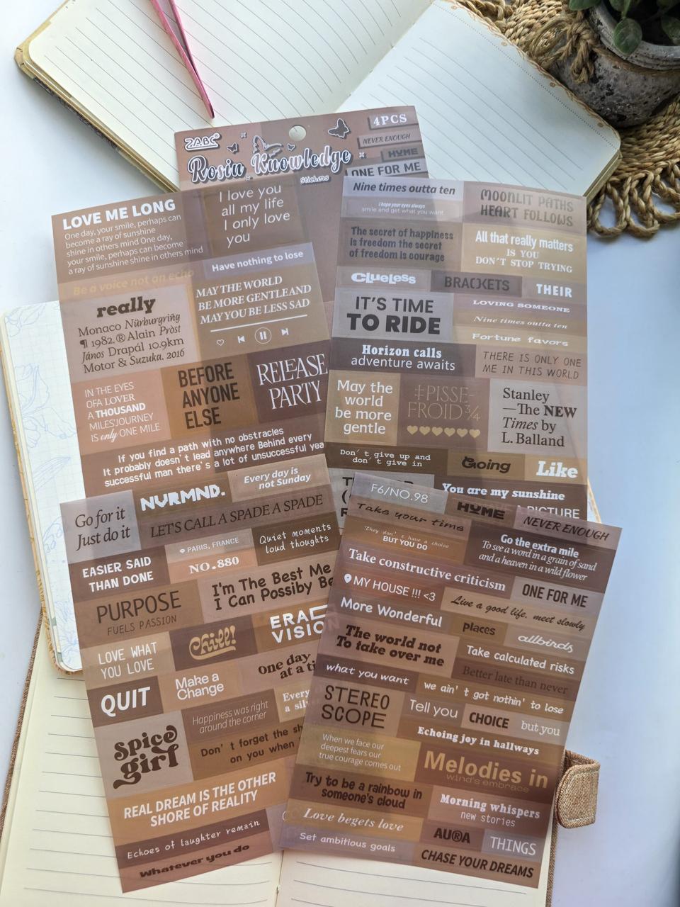 YWXY-601 English Quotes PET Sticker Sheets | Brown | 4 Sheets