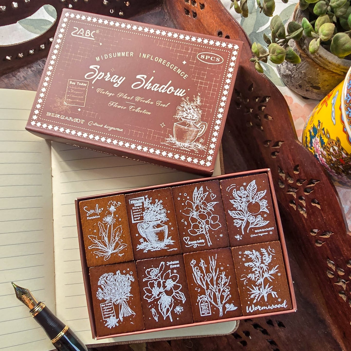 SXHX202- Wooden Stamp 8pcs Set| seal summer inflorescence series retro wooden hand account children's seal beech wood hand account
