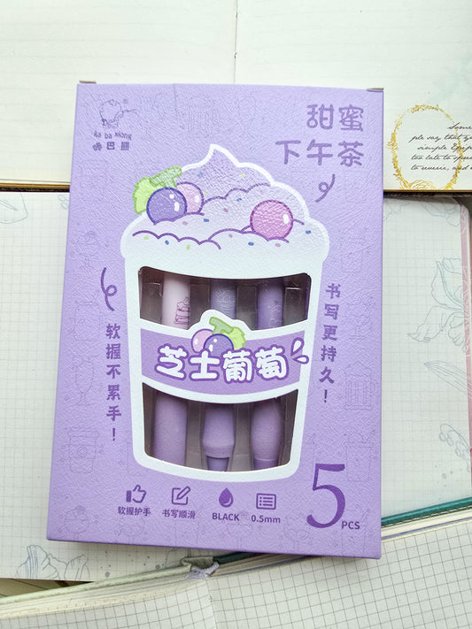 Kbx6041e Kawaii Pen Set of 5 | Black ink 0.5 mm nib | Purple