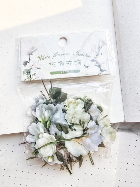 B109-2|G-3| A White Flower Garden Pet Sticker Floral | 40 pcs