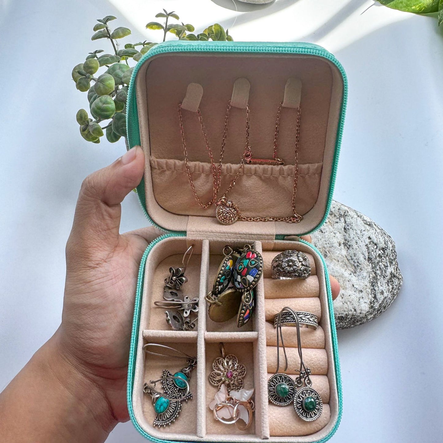 Mini Jewellery Organizer Box For Women Travel Ring, Pendant, Earring, Necklace Storage Case 4X4 Inch SeagreenSquare