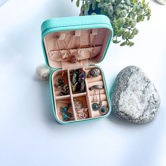 Mini Jewellery Organizer Box For Women Travel Ring, Pendant, Earring, Necklace Storage Case 4X4 Inch SeagreenSquare