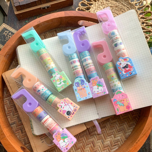 Kq22955 - RANDOM Choice  1pc Kawaii Washi Tape Set  of 8  with Tape Holder | 1cm 2mtr long Each