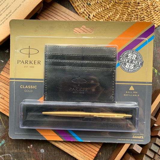 Parker Classic Gold Ball Pen Limited Edition with 1 Credit Card Holder  | Fine Point | Blue Ink | Refillable