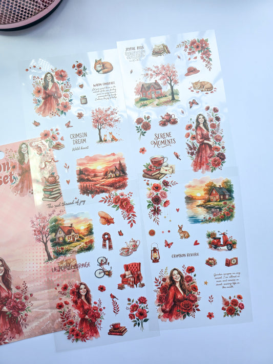 FYQL-602 | Crimson Sunset Girls Flower Aesthetic PET Sticker |100*150mm