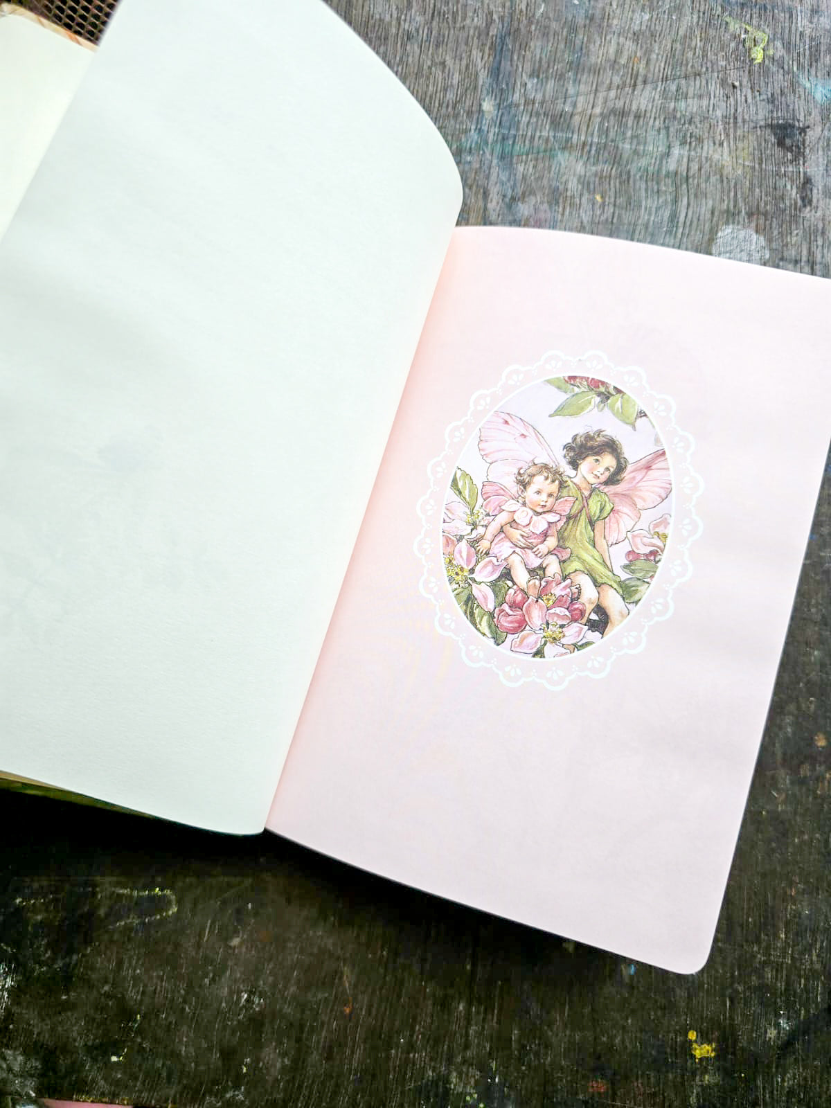 JZA5128-2557 |  Flower Fairies Notebook Features a Vibrant Illustration Titled The Sweet Pea Fairies By Cicely Mary Barker.
