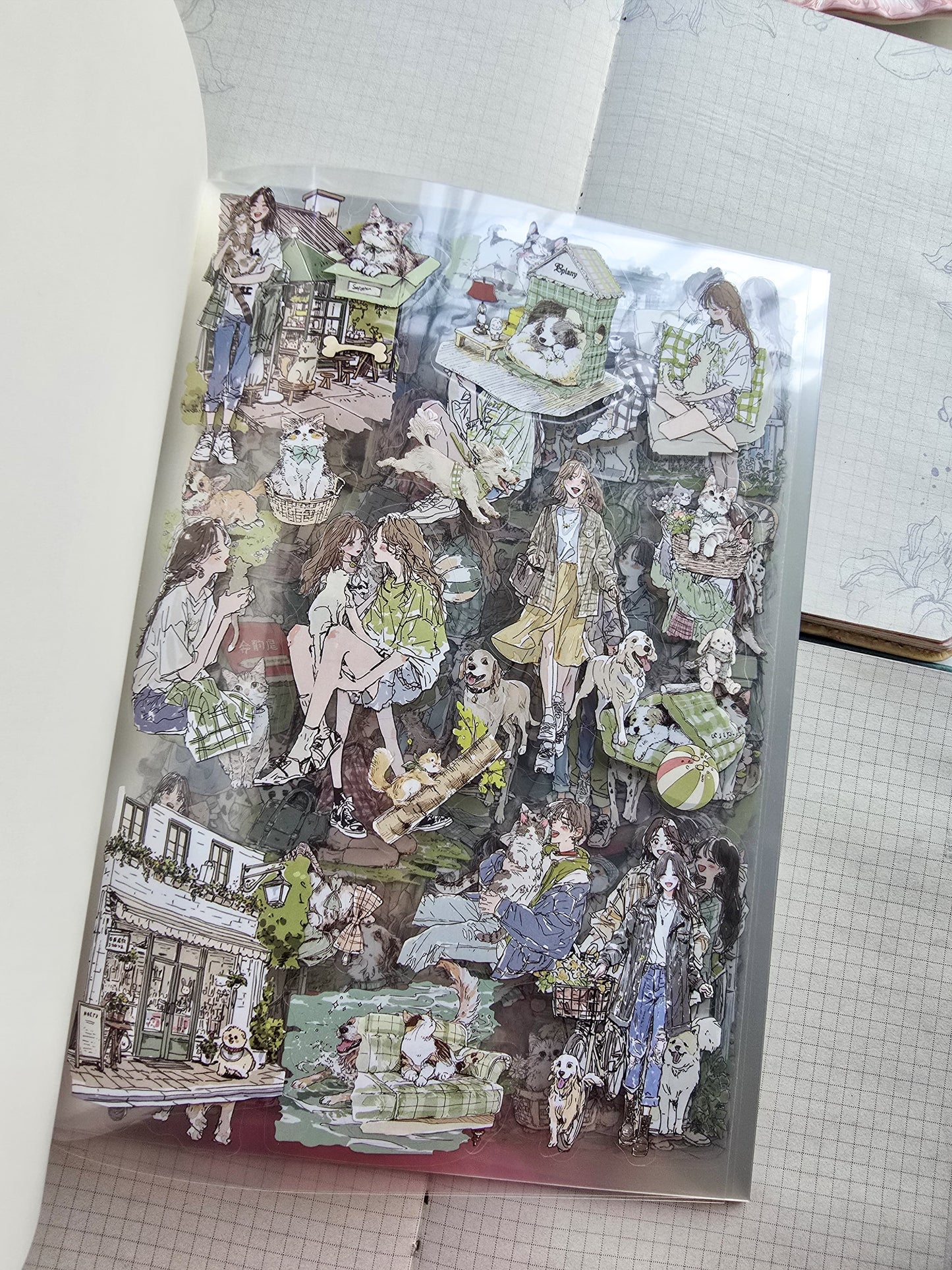 QYSHL-401 PLUSH MINT| Lifestyle Girl Pet Sticker Book| Comfortable Life Dairy Green Theme|167*235mm 20 Pcs