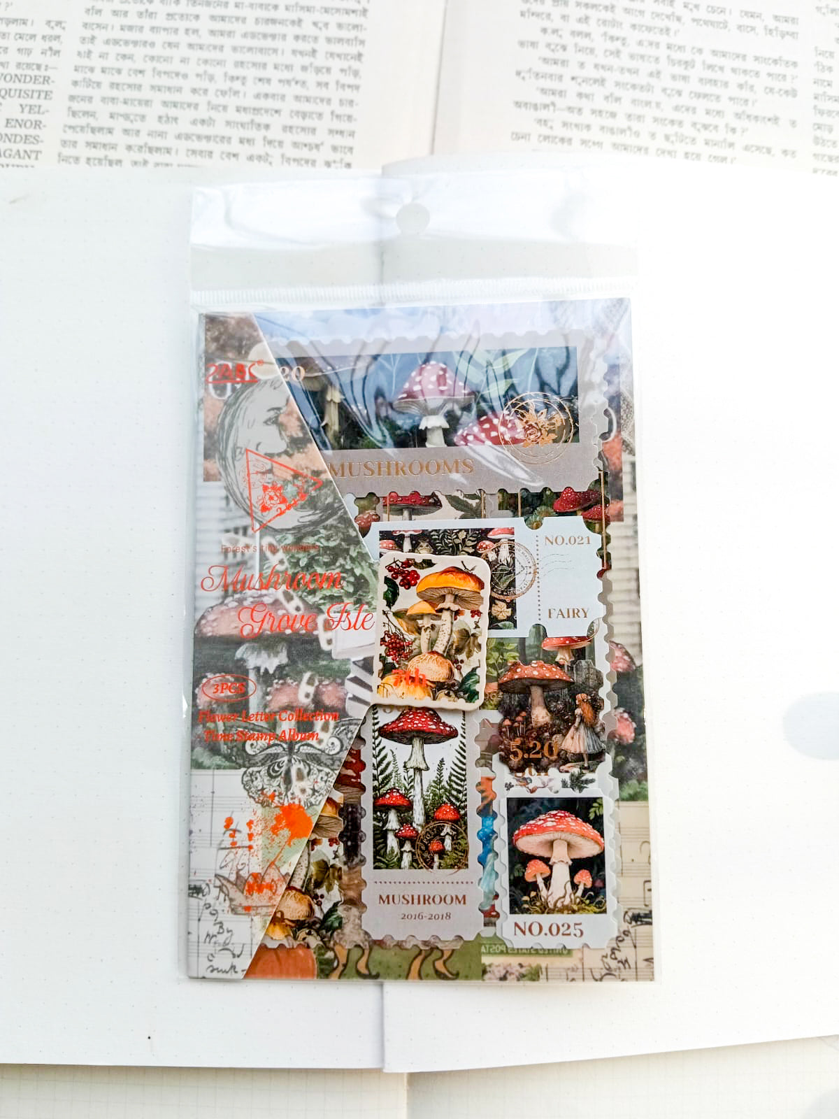 HJSGJ-605 |Mushroom Grove Ble Flower Letter Collection Time Stamp Sticker Album 3pcs |100* 150mm