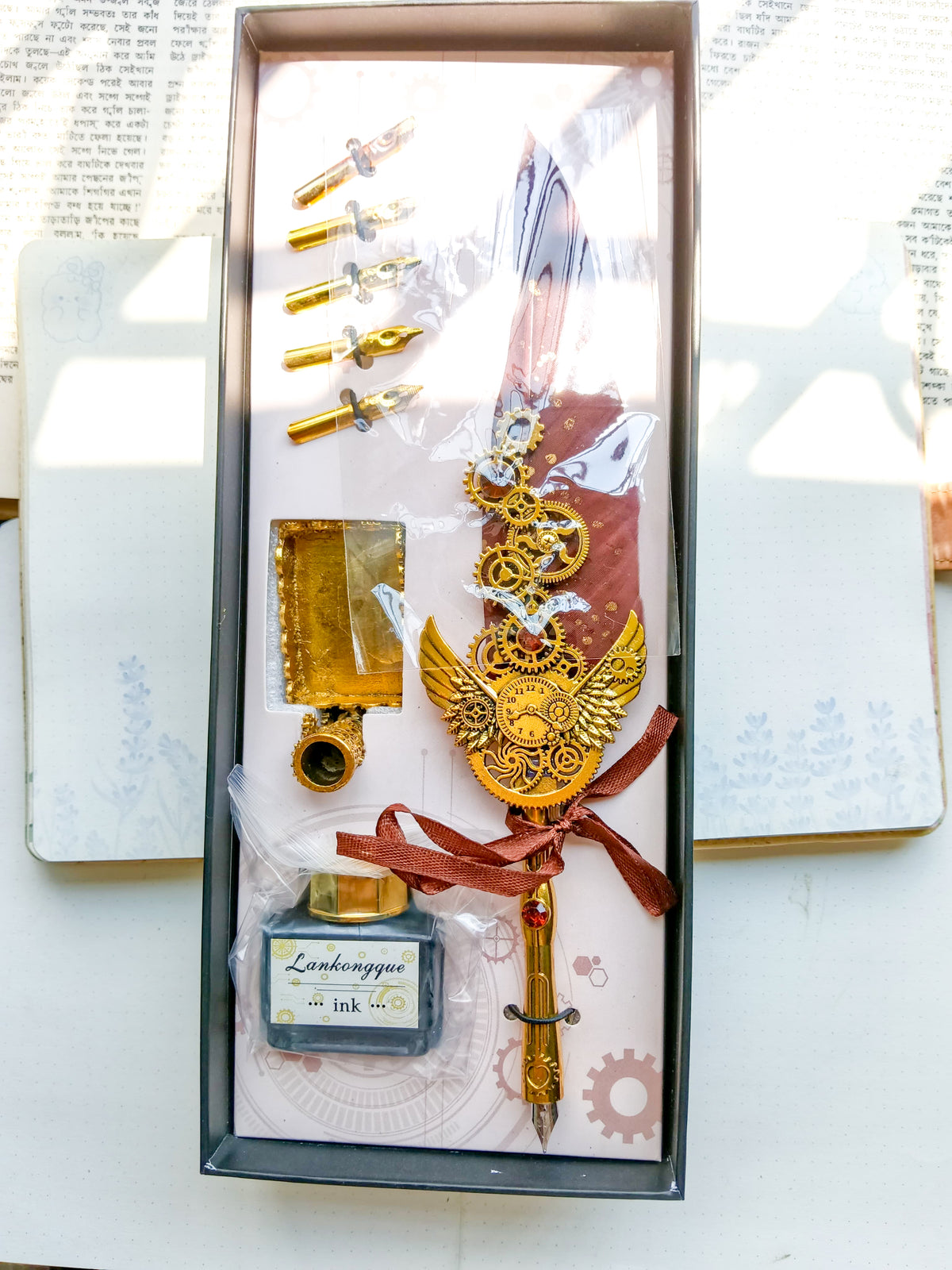 FPS-10098 | Vintage Feather Calligraphy Pen & Ink Set | Feather Pen 1 | Replacement Nibs 5 |Pen Holder 1 | Ink bottle 1 |