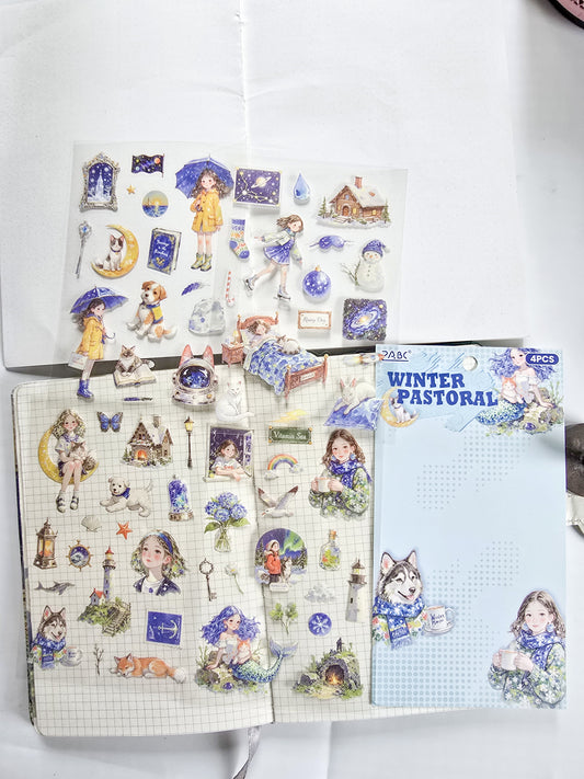 MQQL-604 |  WINTER PASTORAL Girls Aesthetic PET  Sticker | 4pcs Sticker | 100*150mm