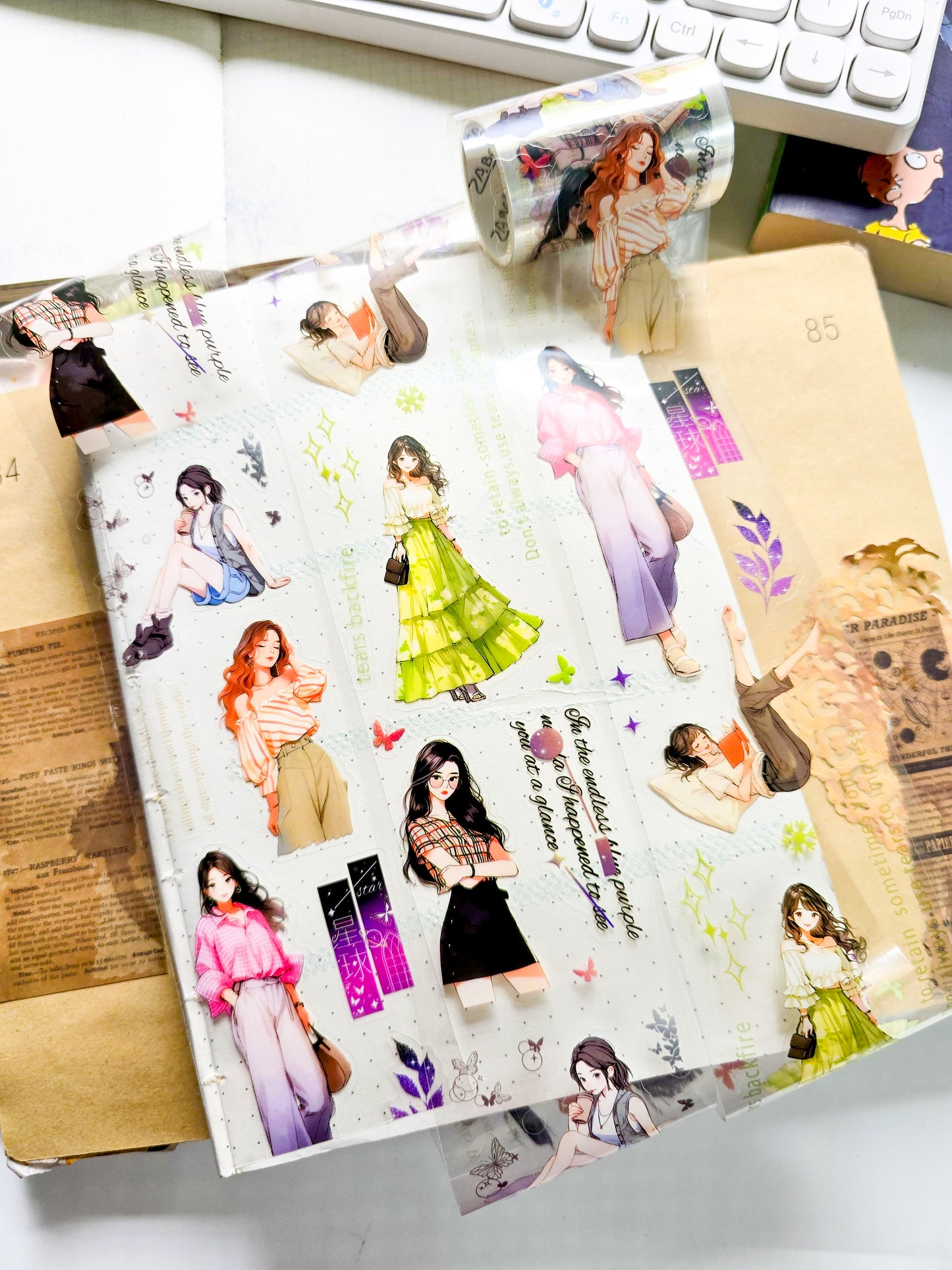 ZNLT-201 | Beautiful Beads Miss PET Washi Tape | Rolls Featuring illustrated anime girl Designs, Commonly Used For Journaling or Scrapbooking |