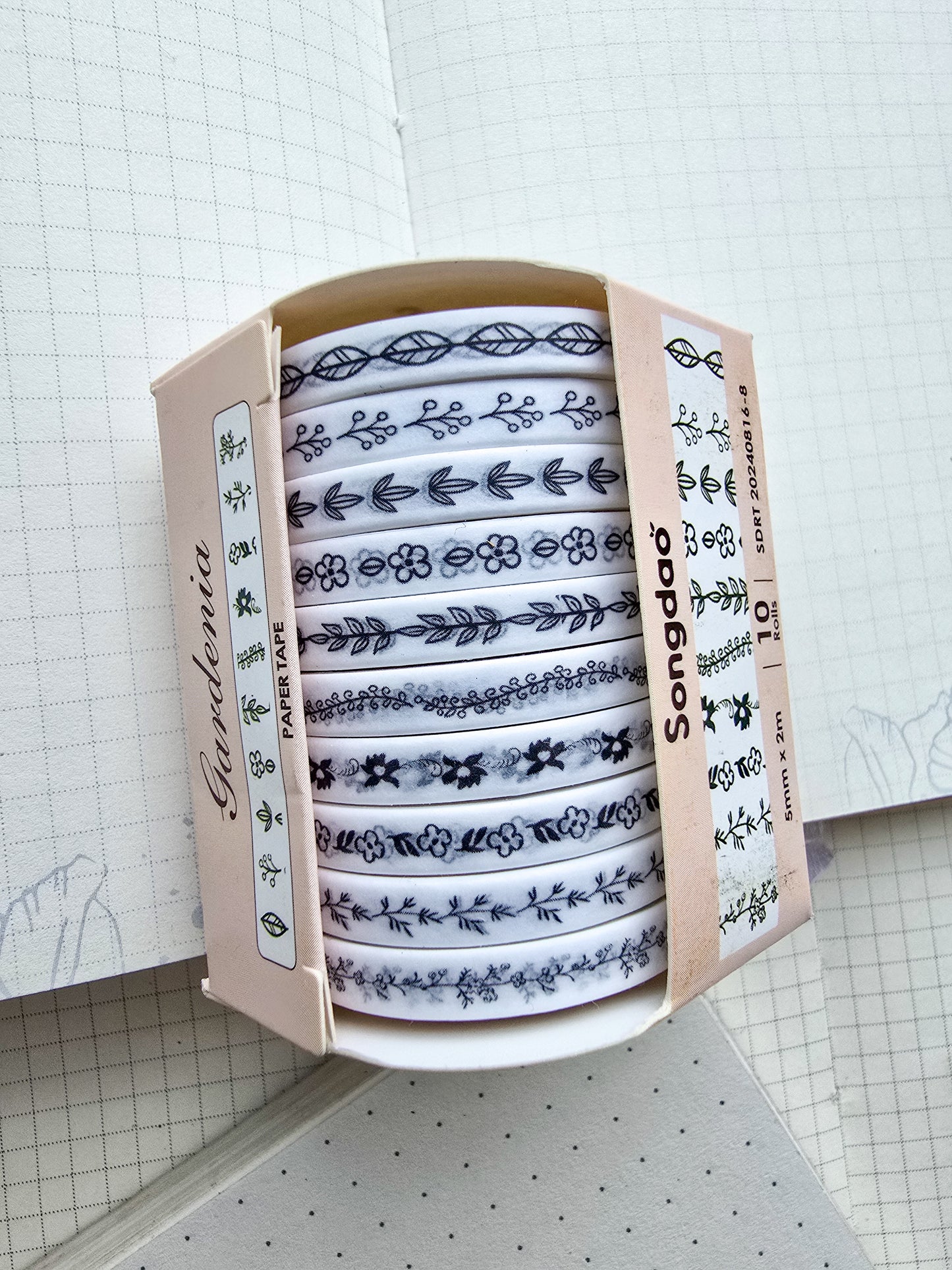 0816-8 Gardenia Thin Washi Tape Set of 10 Washi tapes | Japanese Washi Paper | 2 Meter each | Black n White