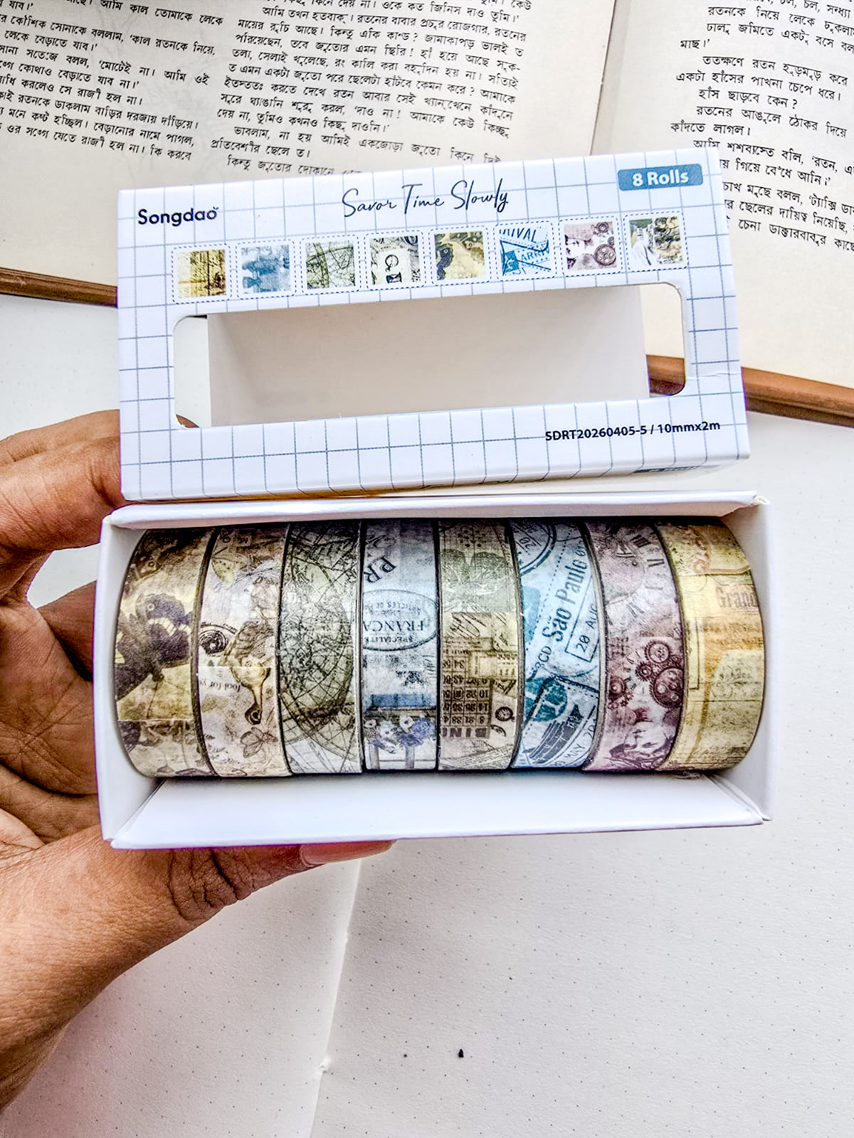 SDRT4055 | Vintage Washi Tape Box Featuring Retro Travel And Newspaper Print Designs 10mm*2m 8 Washi Tape |