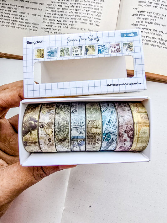 SDRT4055 | Vintage Washi Tape Box Featuring Retro Travel And Newspaper Print Designs 10mm*2m 8 Washi Tape |