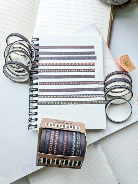 0816-6 Gardenia Thin Washi Tape Set of 10 Washi tapes | Japanese Washi Paper | 2 Meter each | Black