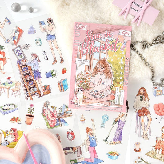 ZZPF2.0-401 | Sun in Blanket watercolor style cartoon girl PET Stickers Book |  including a 20-sheet collection book with over 300+ stickers for journaling and scrapbooking |