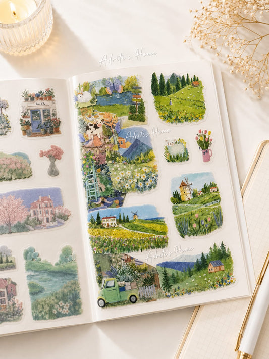 FGSJ- 401 | Aesthetic Sticker Book| Featuring 20 Pcs Scrapbook kit Includes Nature-Themed Scenes Like Green Fields Sticker Book |