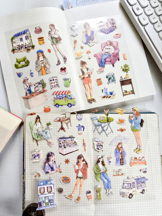 QWSGJ-603 | Coffee break Stickers Come In A 4-Sheet pack Featuring Cozy, Aesthetic Lifestyle Illustrations | 115*178mm
