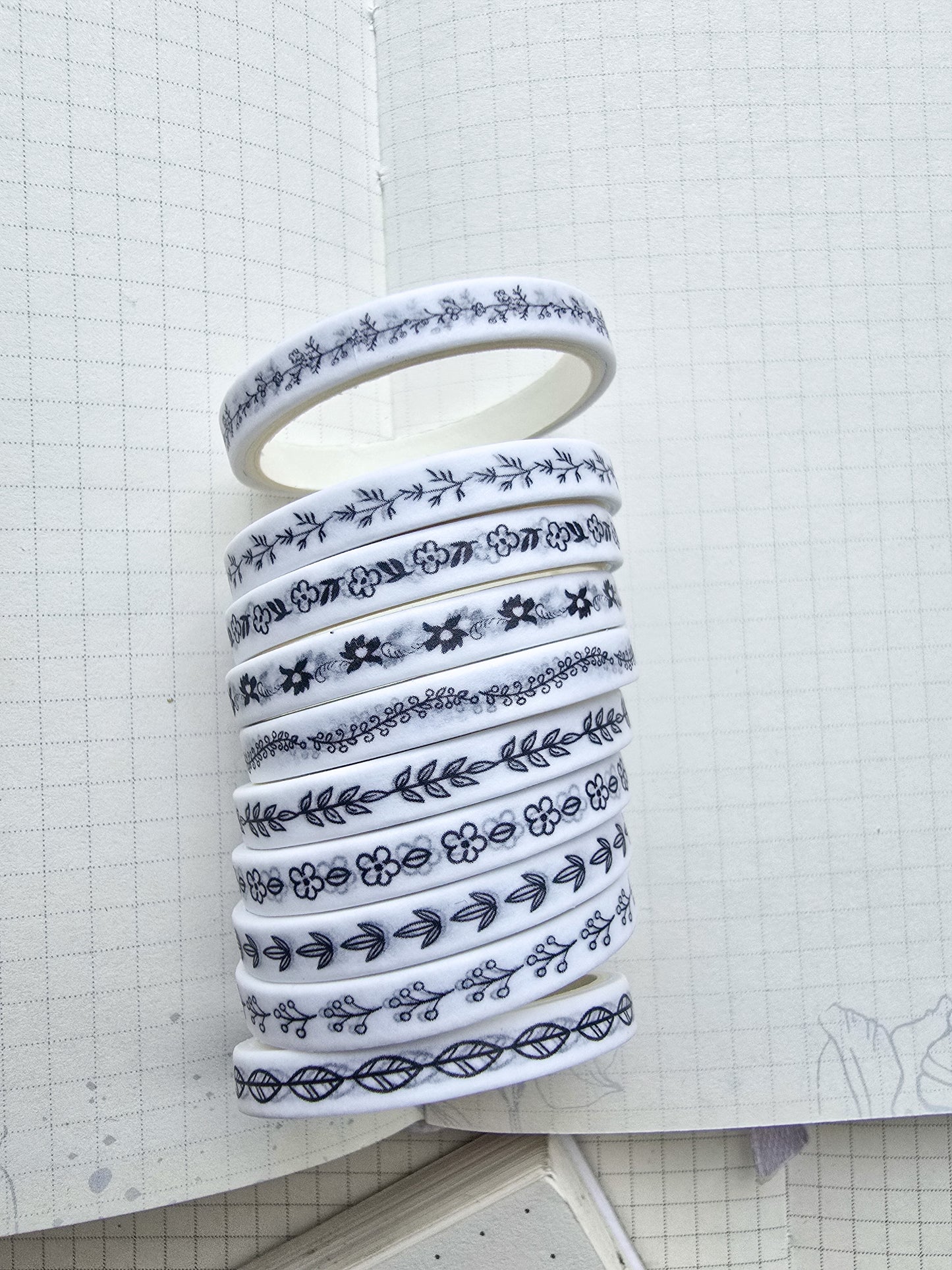 0816-8 Gardenia Thin Washi Tape Set of 10 Washi tapes | Japanese Washi Paper | 2 Meter each | Black n White