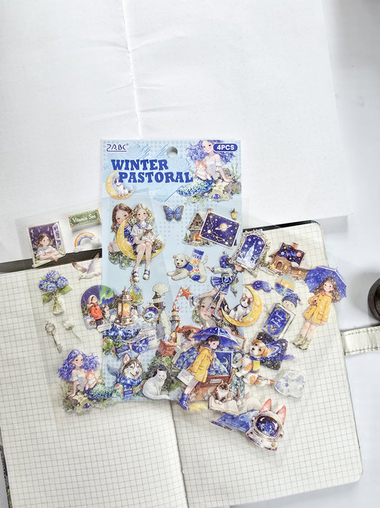 MQQL-604 |  WINTER PASTORAL Girls Aesthetic PET  Sticker | 4pcs Sticker | 100*150mm