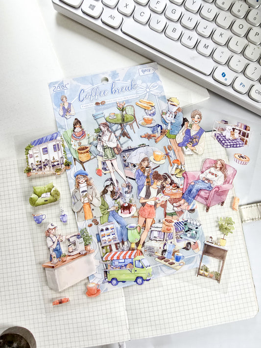 QWSGJ-603 | Coffee break Stickers Come In A 4-Sheet pack Featuring Cozy, Aesthetic Lifestyle Illustrations | 115*178mm
