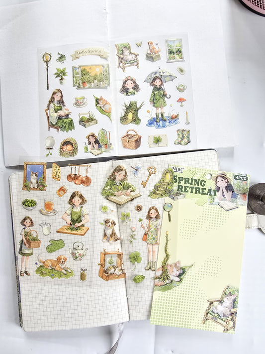 MQQL-603  | Spring Retreat Girls Aesthetic PET  Sticker | 4pcs Sticker | 100*150mm