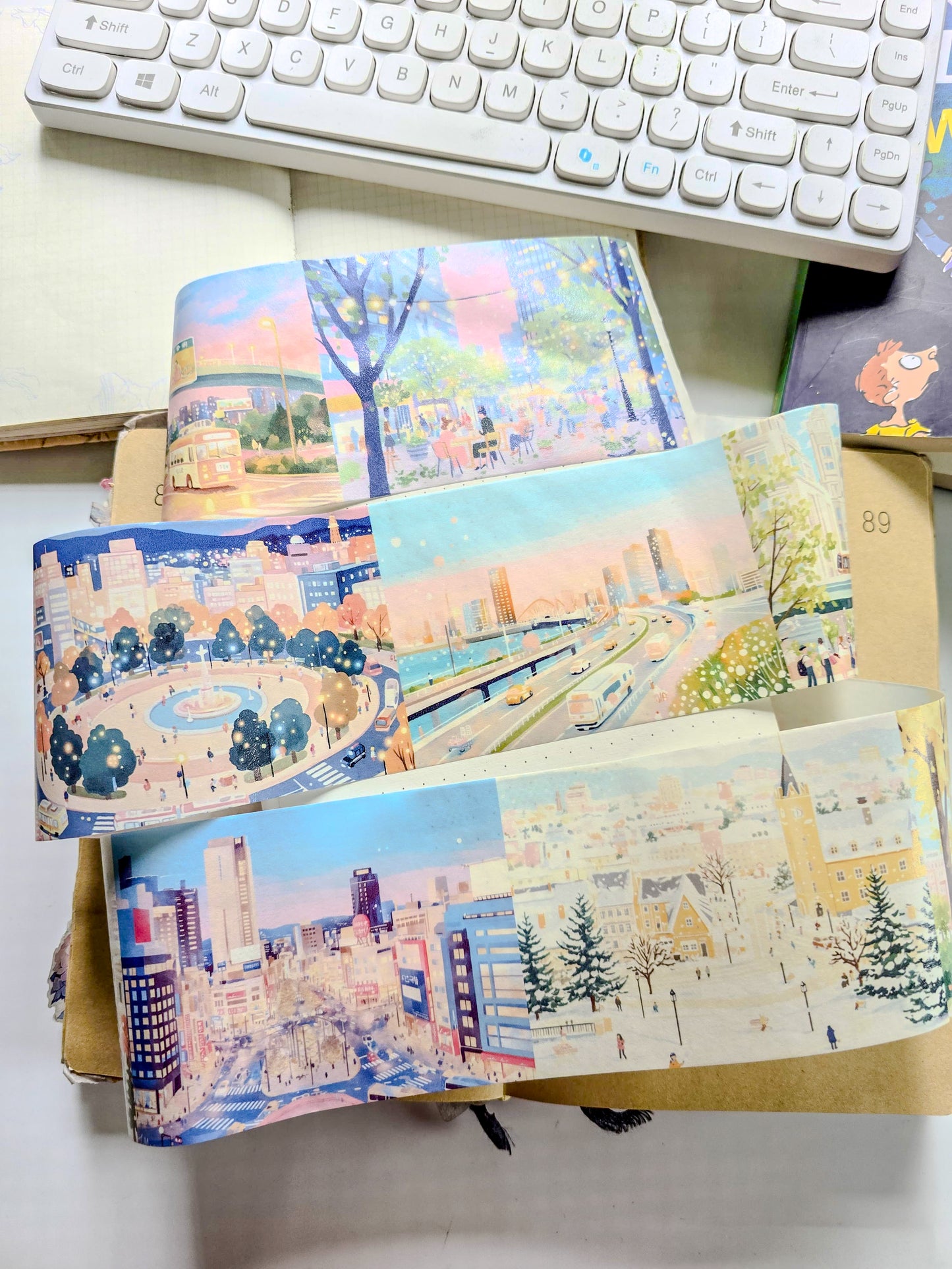 QQJG-202 | Dreamy City Scenery  washi tapes | The Tape Rolls Feature Aesthetic Landscape Designs Including A Iighthouse And Urban Scenes |