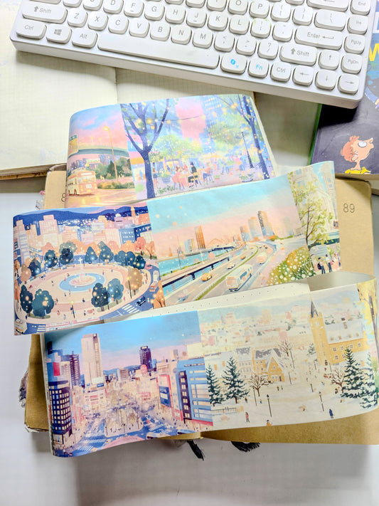 QQJG-202 | Dreamy City Scenery  washi tapes | The Tape Rolls Feature Aesthetic Landscape Designs Including A Iighthouse And Urban Scenes |