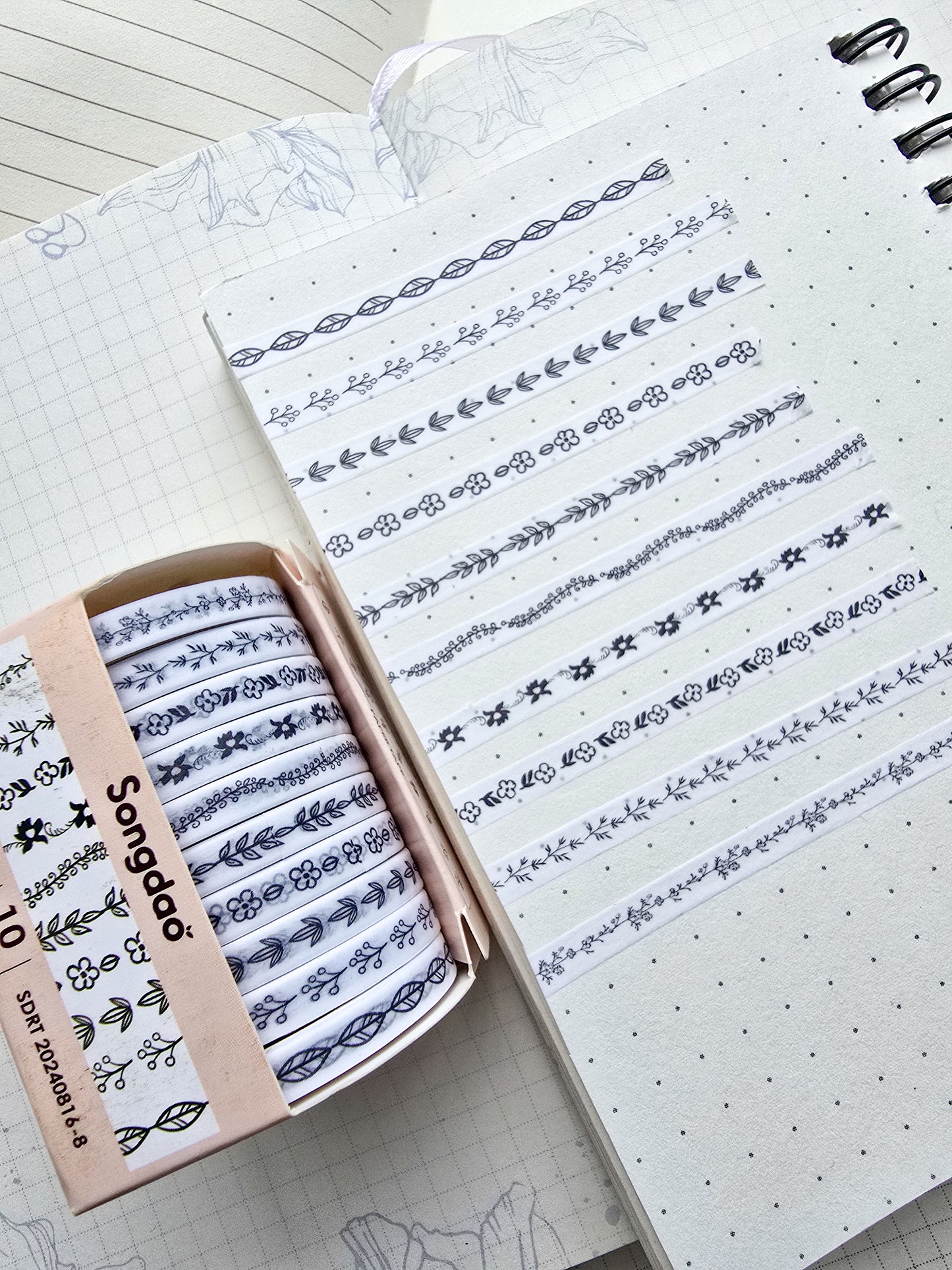 0816-8 Gardenia Thin Washi Tape Set of 10 Washi tapes | Japanese Washi Paper | 2 Meter each | Black n White