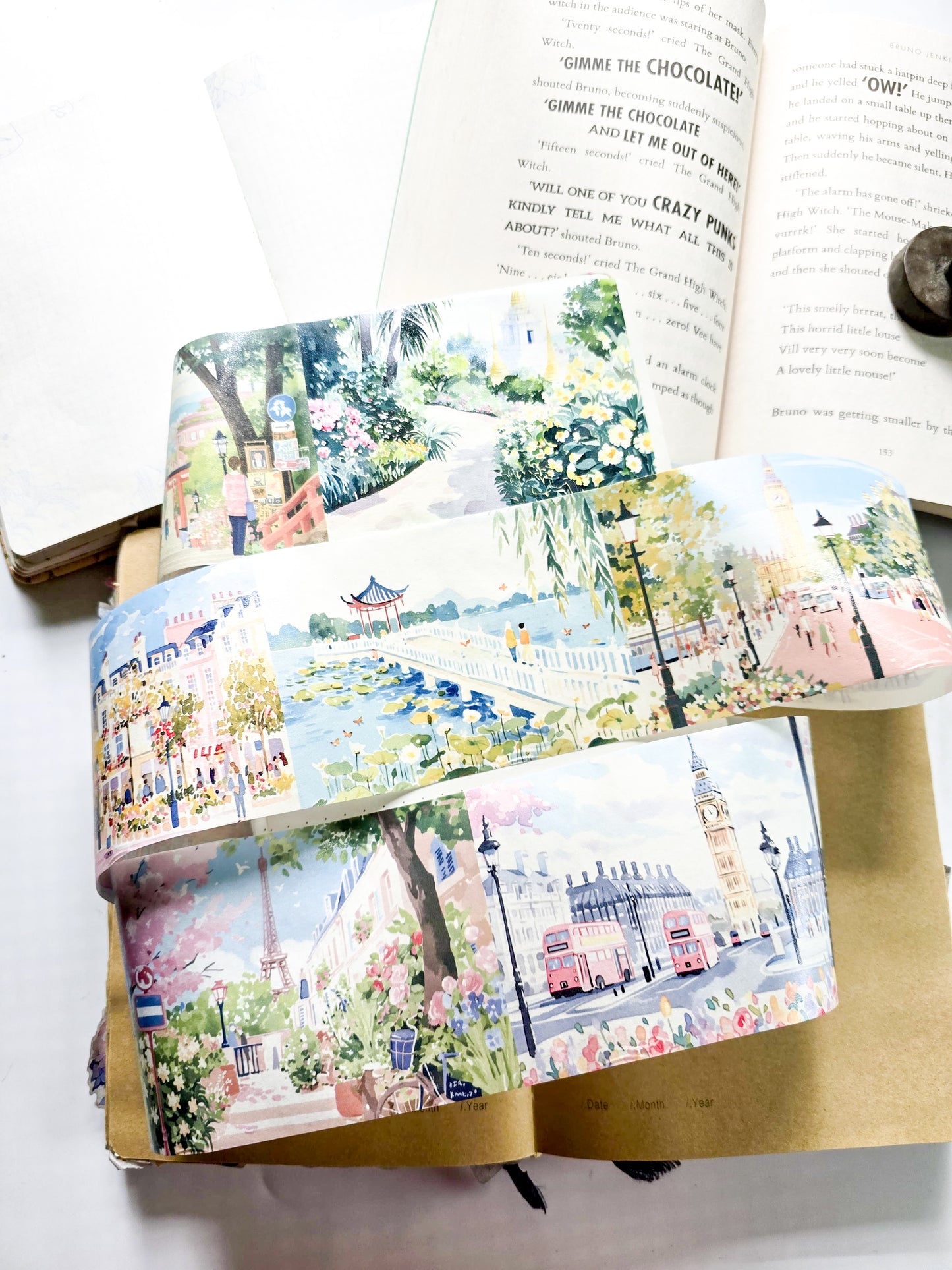 QQJG-202 | Dreamy City Scenery  washi tapes | The Tape Rolls Feature Aesthetic Landscape Designs Including A Iighthouse And Urban Scenes |