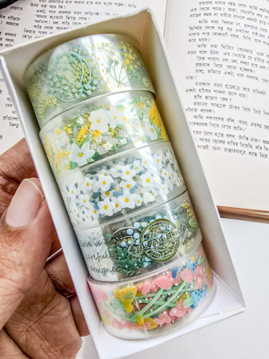 MG7839 | Decorative Clear PET Tape Rolls Featuring Charming White And Yellow Daisy Flower Patterns Over a Transparent Background.