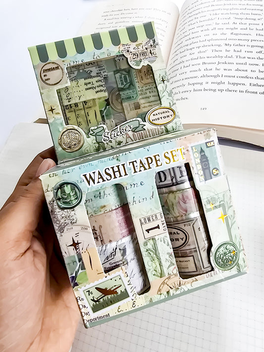 XM-JD3176A | Decorative Washi Tape Set With Sticker Featuring Vintage-Style Botanical And Travel Graphics