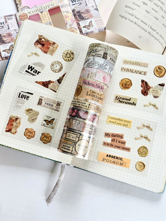XM-JD3176A | Decorative, Themed Crafting Set Featuring Various Styles Of Washi Tape WITH Sticker Packaged with Vintage-Inspired Stationery Designs