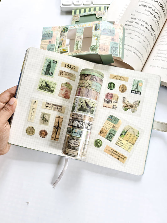 XM-JD3176A | Decorative Washi Tape Set With Sticker Featuring Vintage-Style Botanical And Travel Graphics