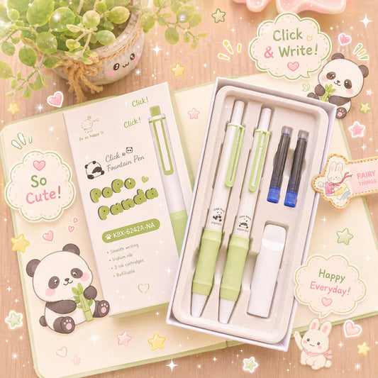KBX6242cc | Pinteresty Click Fountain pen 2 pen set Green Panda  | Blue Ink | Refillable 6 free cartridges & 1 Nib Polish