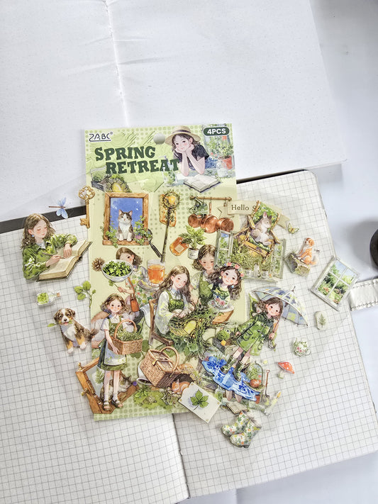 MQQL-603  | Spring Retreat Girls Aesthetic PET  Sticker | 4pcs Sticker | 100*150mm