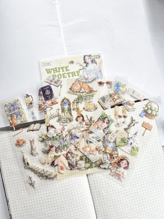 MQQL-605  | White Poetry Girls Aesthetic PET  Sticker | 4pcs Sticker | 100*150mm
